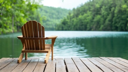 An inviting wooden chair sits on a dock by the lake, surrounded by tranquil waters and lush green trees, emphasizing the beauty of outdoor relaxation.