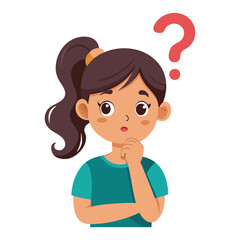 a flat illustration of a girl have an idea  green shirt, thought question mark