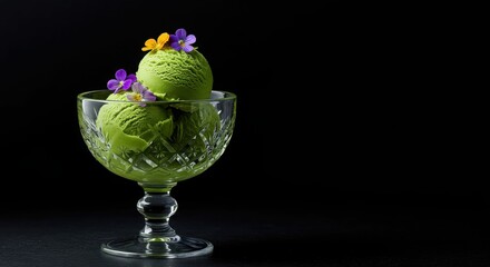 Exquisite matcha ice cream with colorful edible flowers in a crystal glass bowl