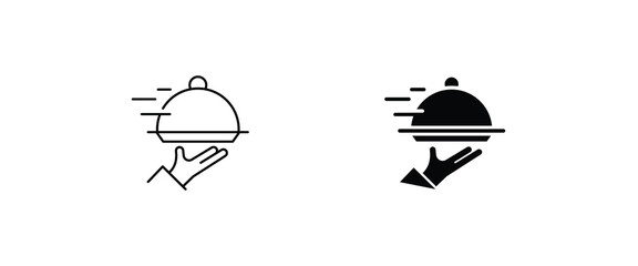 Waiter with food tray icon, Hand tray icons, Restaurant line icon, outline vector sign, linear pictogram style isolated on white. Food occasions symbol