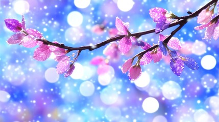 Blooming cherry branch with pink petals and sparkles against blurred blue, use as wallpaper
