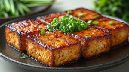 Sizzling Grilled Tofu Cubes with Fresh Scallions. Generative AI
