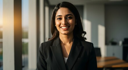 beautiful smile woman wearing a business suit, standing in the office, sunshine, with a little bit of blurred background with copy space