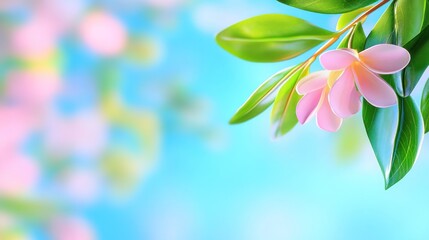 Blossom Delicate bloom, sunlit leaves against bright sky, symbol of spring?fs renewal. Use beauty ads