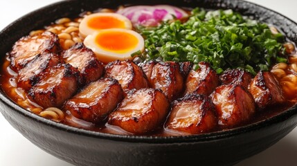 Fototapeta premium Grilled Pork Ramen with Soft-Boiled Eggs and Vegetables. Generative AI