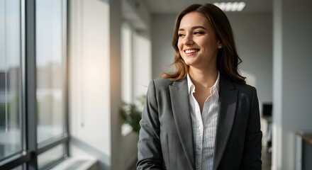 Fototapeta premium beautiful smile woman wearing a business suit, standing in the office, sunshine, with a little bit of blurred background with copy space
