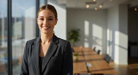 Fototapeta premium beautiful smile woman wearing a business suit, standing in the office, sunshine, with a little bit of blurred background with copy space