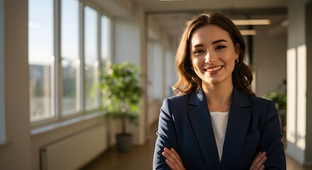 beautiful smile woman wearing a business suit, standing in the office, sunshine, with a little bit of blurred background with copy space