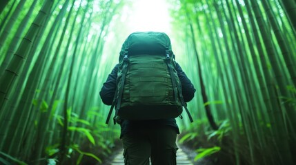 A lone hiker traverses a vibrant bamboo forest, showcasing the beauty of nature surrounded by towering green trees and dappled light filtering through the leaves.
