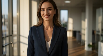 Fototapeta premium beautiful smile woman wearing a business suit, standing in the office, sunshine, with a little bit of blurred background with copy space