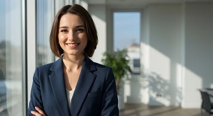 beautiful smile woman wearing a business suit, standing in the office, sunshine, with a little bit of blurred background with copy space