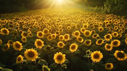 Fototapeta premium Radiant Sunflowers in Full Bloom Under Bright Sunrise Light