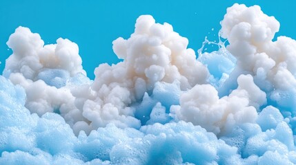 Blue liquid with bubbles and foam resembling clouds on plain sky background for spa or cleaning ads