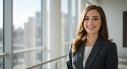 Fototapeta premium beautiful smile woman wearing a business suit, standing in the office, sunshine, with a little bit of blurred background with copy space