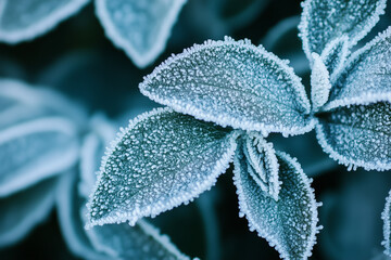 Frost-covered blue leaves in a winter setting. A stunning natural macro shot showcasing icy textures, perfect for seasonal backgrounds, cold weather themes, and nature photography enthusiasts