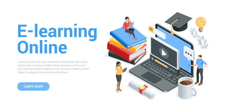isometric vector landing page on the topic of online education and courses, in color on a white background, people with tablets and smartphones near a laptop and books