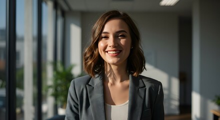 Fototapeta premium beautiful smile woman wearing a business suit, standing in the office, sunshine, with a little bit of blurred background with copy space