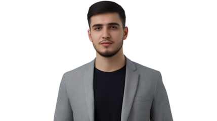 IT specialist in a casual yet professional attire, light gray blazer over a black T-shirt, smart and approachable, modern haircut, isolated PNG
