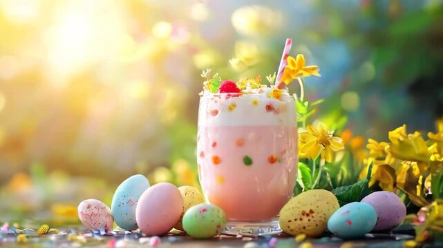 drink in a glass, decorated with colorful sprinkles, whipped cream, a cherry, and a straw, surrounded by speckled Easter eggs