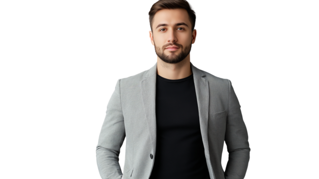 IT specialist in a casual yet professional attire, light gray blazer over a black T-shirt, smart and approachable, modern haircut, isolated PNG