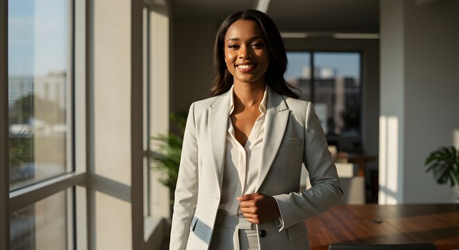beautiful smile woman wearing a business suit, standing in the office, sunshine, with a little bit of blurred background with copy space