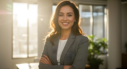 beautiful smile woman wearing a business suit, standing in the office, sunshine, with a little bit of blurred background with copy space