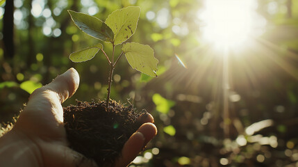 Close-up of hand holding sapling with rich soil bathed in warm sunlight symbolizing growth sustainability and environmental conservation in lush green forest setting promoting eco-friendly practices