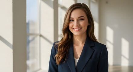 Fototapeta premium beautiful smile woman wearing a business suit, standing in the office, sunshine, with a little bit of blurred background with copy space