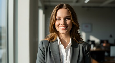 beautiful smile woman wearing a business suit, standing in the office, sunshine, with a little bit of blurred background with copy space
