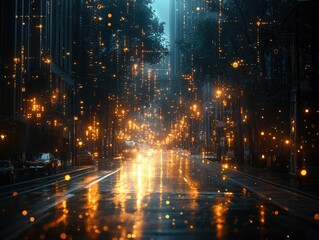 City Street at Night: Rain, Lights, and Reflections