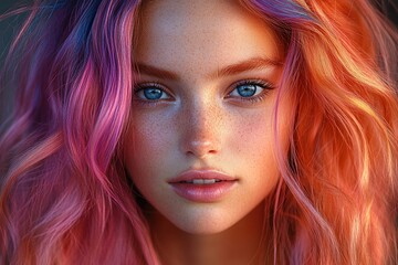 Obraz premium Fashionable young woman with colorful hair in bright lighting showcasing unique style