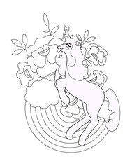Vector illustration. Coloring page with a unicorn on a flowers and cloud on a rainbow background.