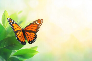 Fototapeta premium Monarch butterfly resting on lush green leaves in sunlight.