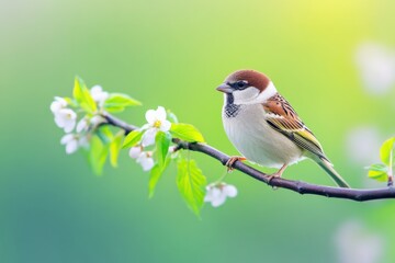 Fototapeta premium Small bird gathers nesting materials while perched on branch with budding leaves in spring setting