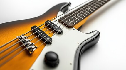 Fototapeta premium Sunburst Bass Guitar Close-up: A Detailed View of a Musical Instrument