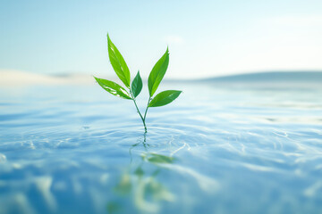 A delicate green seedling emerges from the calm water, bathed in soft morning light. The scene represents growth, resilience, and new beginnings, set against a tranquil blue background.