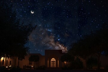 Fototapeta premium ApeacefulRamadaneveningscenewithstarstwinklingaboveandafaintcrescentmoon,representingtheholymonth'sarrival