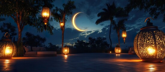 ApeacefulnightskywithaglowingcrescentmoonandRamadanlanternscastingsoftlightonatranquilsetting