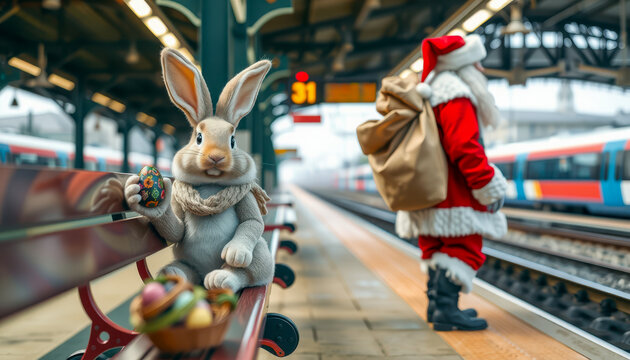 Easter bunny with an egg sitting on a bench at a train station. In the background Santa, who is bound to leave. Christmas is over, easter to come. Conceptual.,