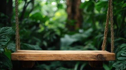 Naklejka premium A tranquil wooden swing hangs amidst a verdant jungle, inviting relaxation and reflection in a peaceful natural setting that embodies serenity and connection with nature.