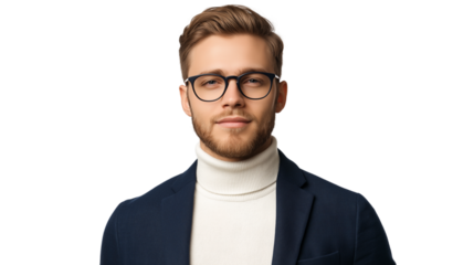 Young ambitious startup founder, casual smart look with a navy blazer over a white turtleneck, modern glasses, confident but relaxed expression, isolated PNG