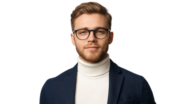 Young ambitious startup founder, casual smart look with a navy blazer over a white turtleneck, modern glasses, confident but relaxed expression, isolated PNG