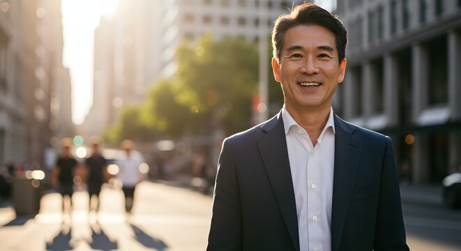 A handsome happy man wearing a full business suit, standing in the city, sunshine, with a little bit of blurred background with side copy space