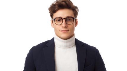 Young ambitious startup founder, casual smart look with a navy blazer over a white turtleneck, modern glasses, confident but relaxed expression, isolated PNG