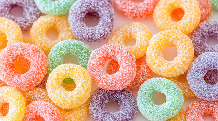 Sweet multicolored flakes, cereal loop shaped jelly. Rainbow colors and multicolored colors, with sugar on the outside
