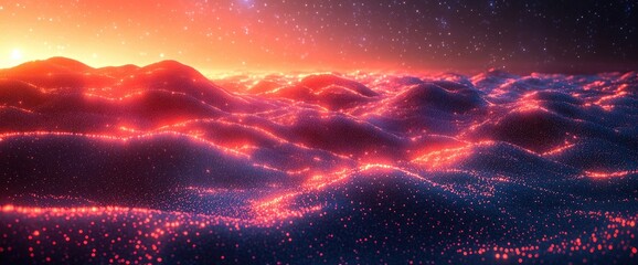 Obraz premium Glowing Hillscape: Abstract Art, Vibrant Colors, Cosmic Landscape, Fantasy Setting, Digital Art, Particle Effects, Red and Blue Hues, Night Sky, Starry Background, Surrealism, Sci-Fi, Otherworldly