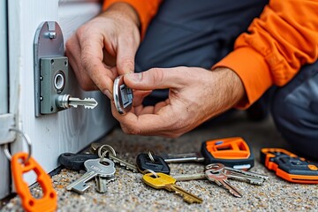 Man Installing a Door Lock at Home: A Close-Up View