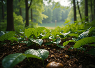 Beautiful view of the green forest and fresh spring leaves