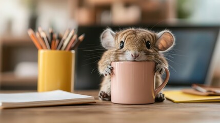 An adorable hamster peeks curiously over a pink mug, capturing a playful moment in a cozy workspace, radiating warmth and comfort.