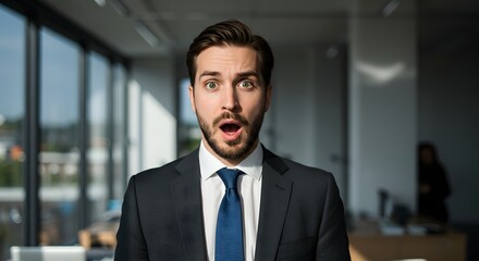 Fototapeta premium A handsome happy man wearing a full business suit, a surprised face, standing in the office, sunshine, with a little bit blur background with side copy space